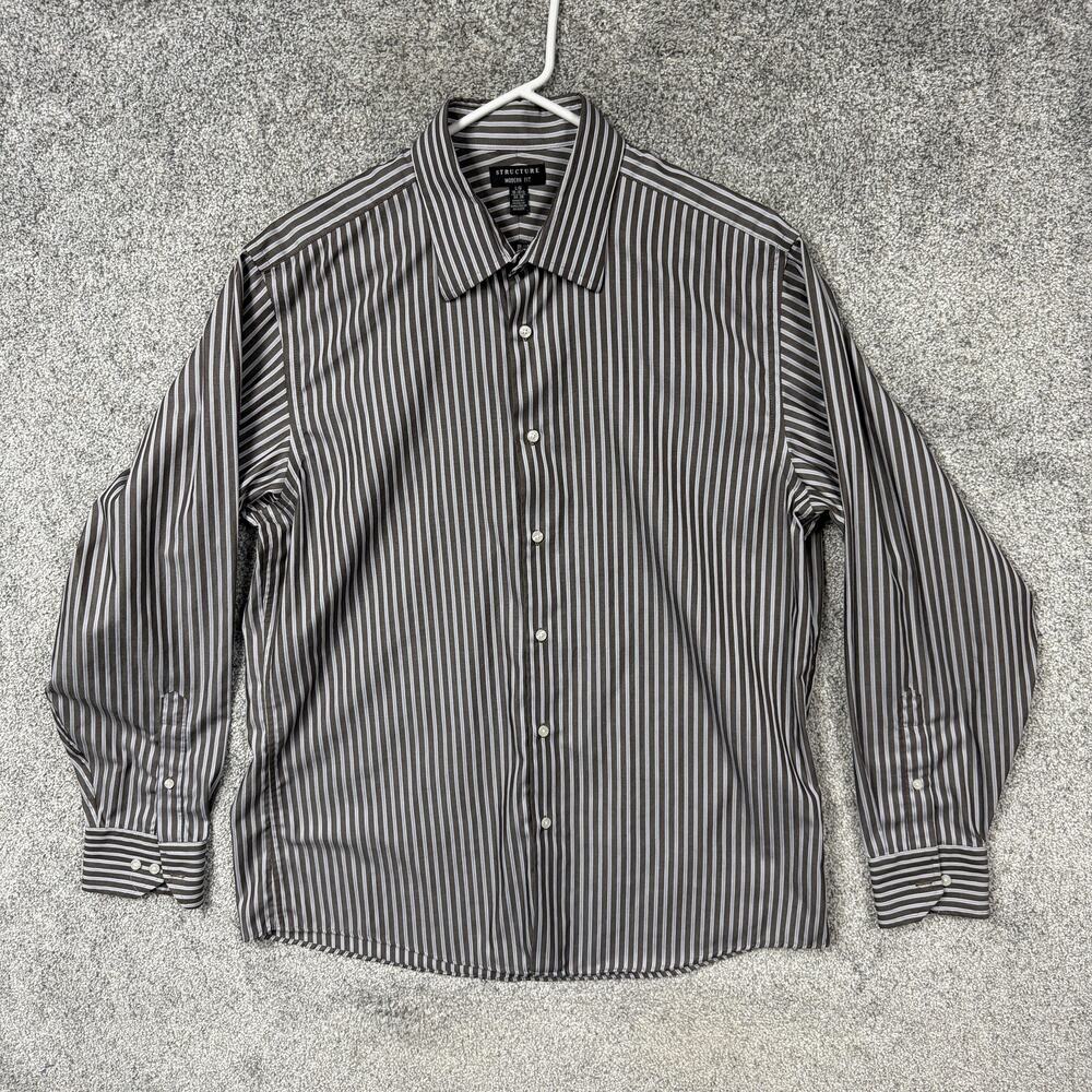 Structure Dress Shirt Mens L 16.5 34/35 Brown Gray Stripe Business Office Casual